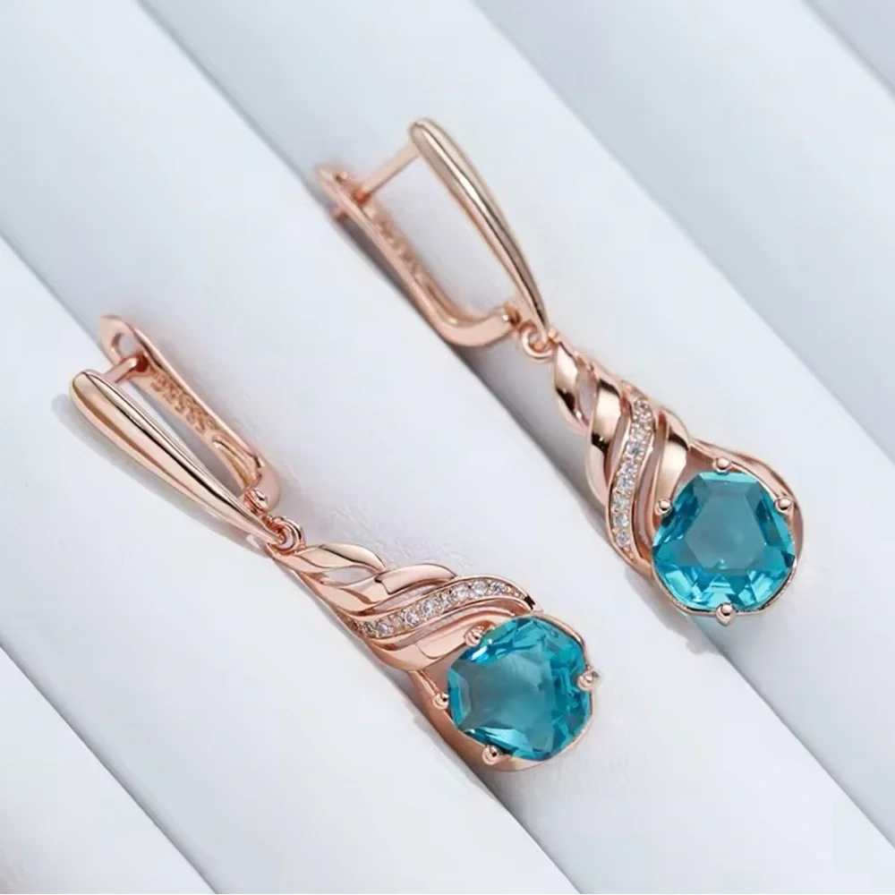 Shiny Blue Stone Long Drop Earrings for Women Natural Zircon 585